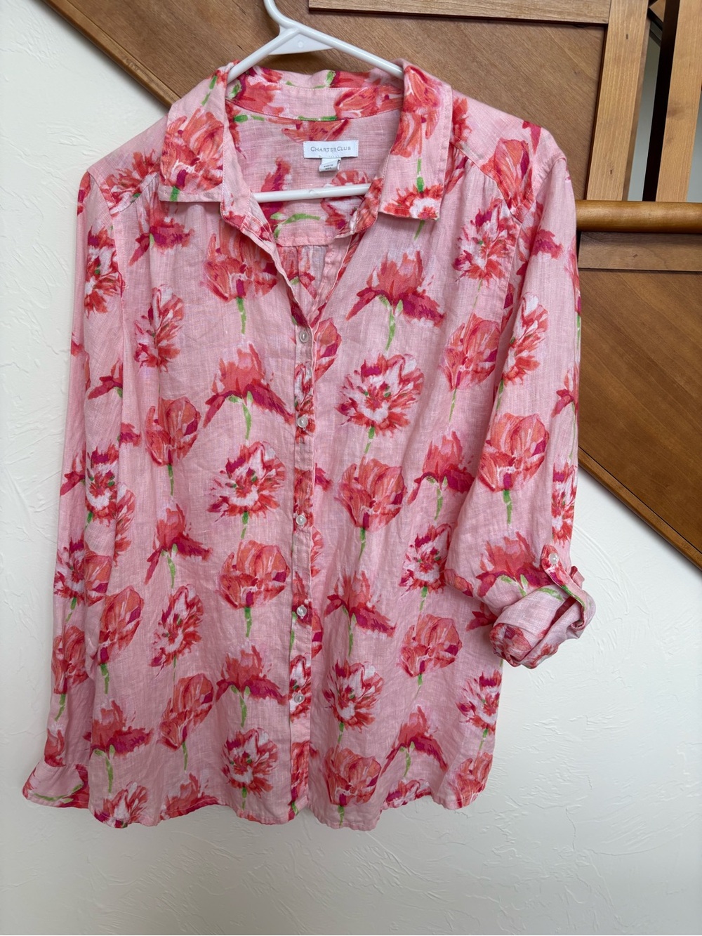 Beautiful Charter Club Pink & Red Linen Floral Poppies Button-Up Shirt - Picture 6 of 11